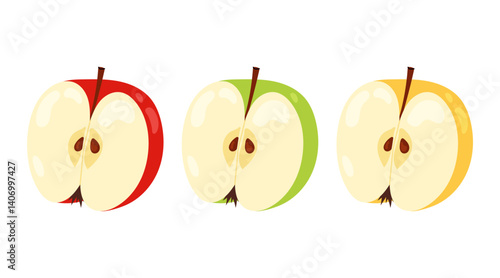 Red, yellow and green apple. Ripe half apple isolated on white background. For food, healthy lifestyle themes or school.