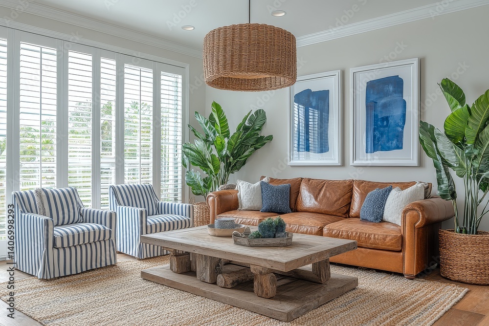 Naklejka premium Cozy farmhouse-style living room with brown leather couch, striped armchairs, coffee table, large pendant light, and blue accents on the artwork wall, illuminated by natural light.