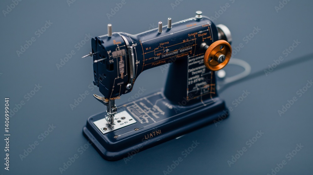 Fototapeta premium Vintage blue sewing machine with orange details on dark surface