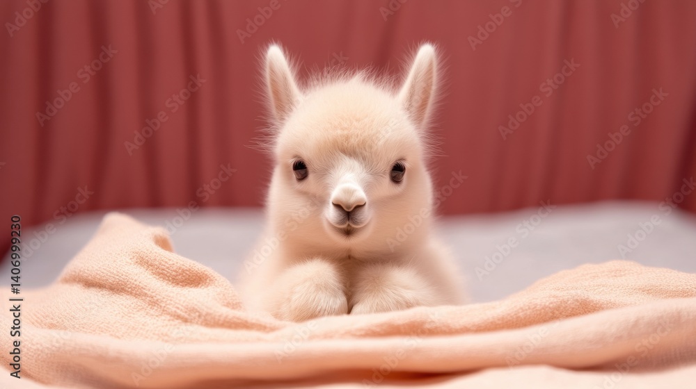 Fototapeta premium Fluffy baby llama rests peacefully on a soft blanket, surrounded by a gentle pink backdrop, radiating warmth and charm