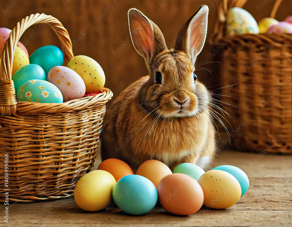 Easter Bunny with Basket in Rustic Style in Pastel Colors on Wooden Background Easter Bunny with Basket in Rustic Style in Pastel Colors on Wooden Background