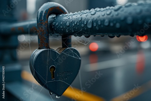 Heart-shaped lock on wet metal fence with water droplets and spider web