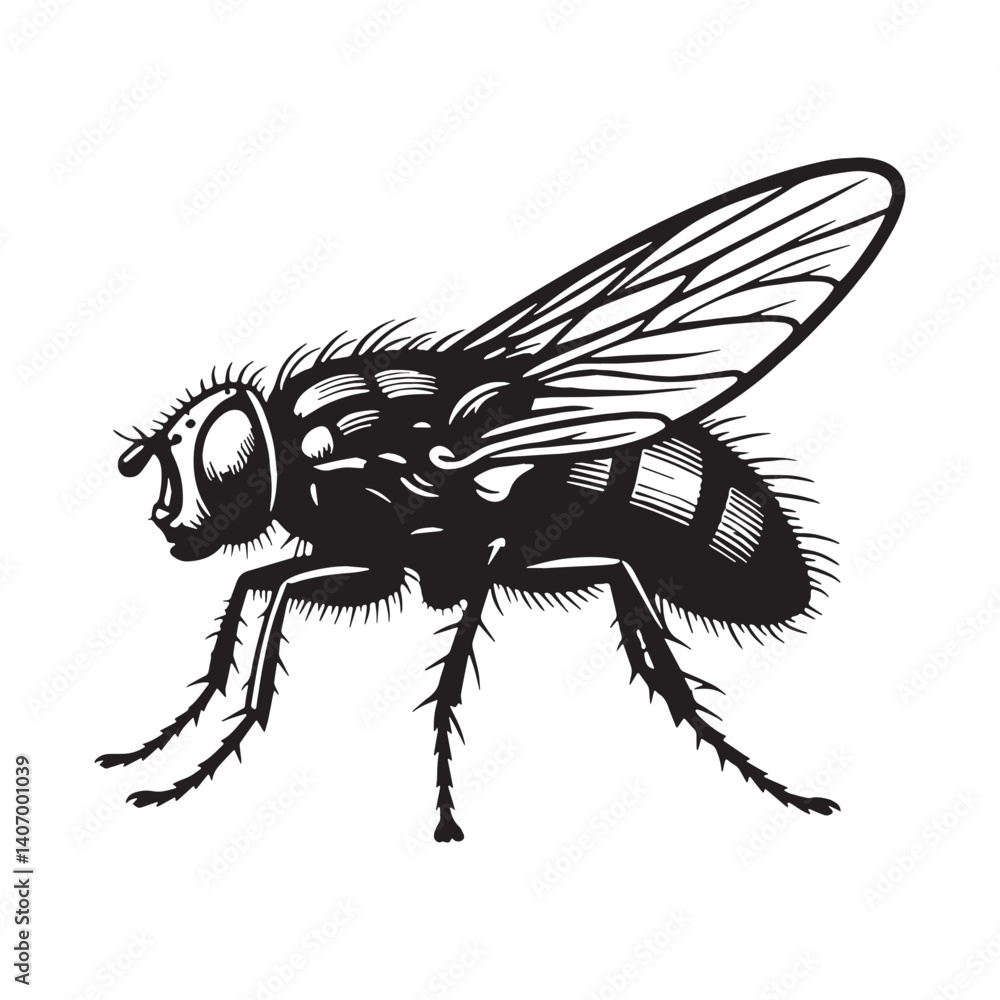 Obraz premium Flying Fly silhouette, zooming with precision and speed – Fly illustration – Minimalist Fly vector – Insect silhouette