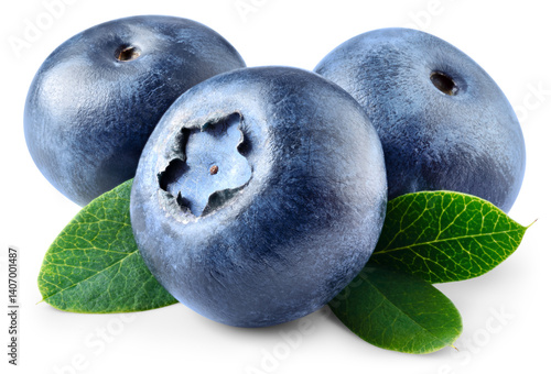 Blueberry isolated png. Blueberry with leaves on white or transparent background. Perfect retouched three blueberries with leaf no background. Png blueberry. Full depth of field.