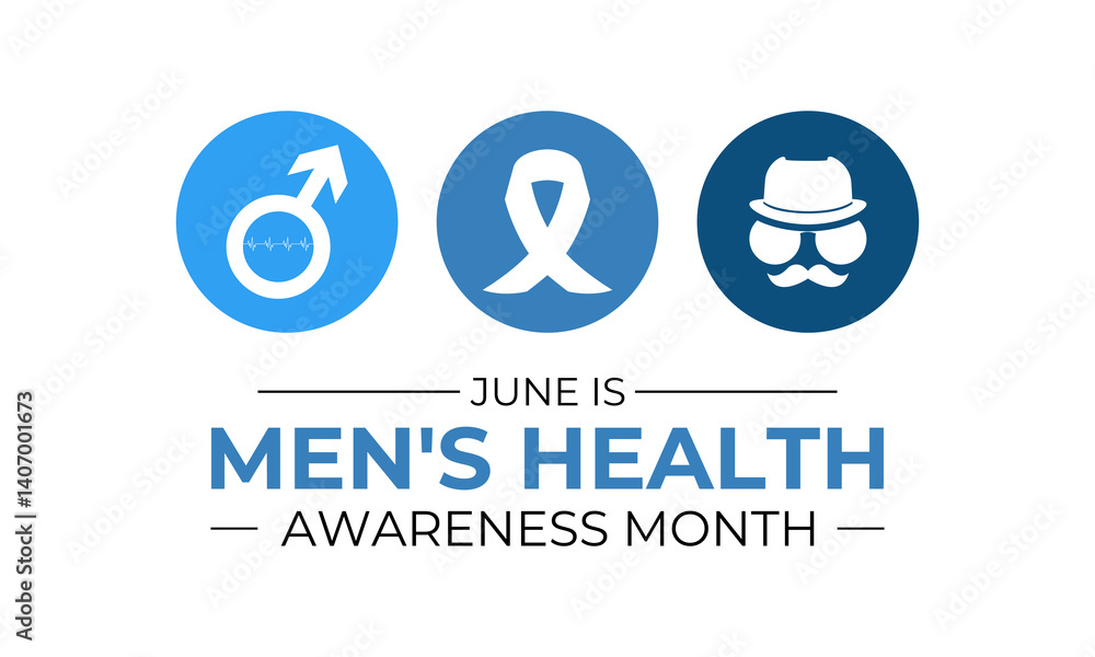 Men's health month is observed every year in June Banner and background design template. A blue ribbon, Stethoscope with a mustache and Realistic ribbon. International Men's Day, and Father's Day. Men's health month is observed every year in June Banner and background design template. A blue ribbon, Stethoscope with a mustache and Realistic ribbon. International Men's Day, and Father's Day.