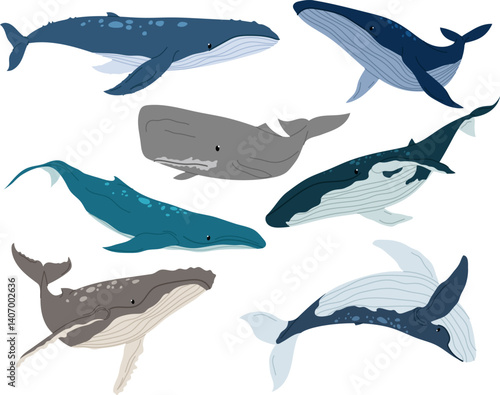 Whale set. Aquatic animals set. Ocean mammals. Gray whale, bowhead, blue whale, humpback, sperm whale. Underwater world.