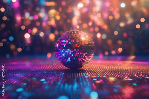 Disco ball on a shimmering dance floor under vibrant colorful lights, reflecting a festive party atmosphere.