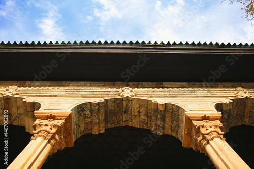 View of historical building under cloudy sky, Traditional roof with blue sky and clouds, Vintage architecture, Ancient building under a cloudy blue sky, historical building, Persia, Persian, Iran