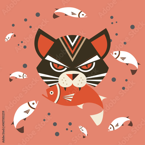 Cute cat biting fish. Cartoon illustration of cute cat stealing fish with innocent face. 