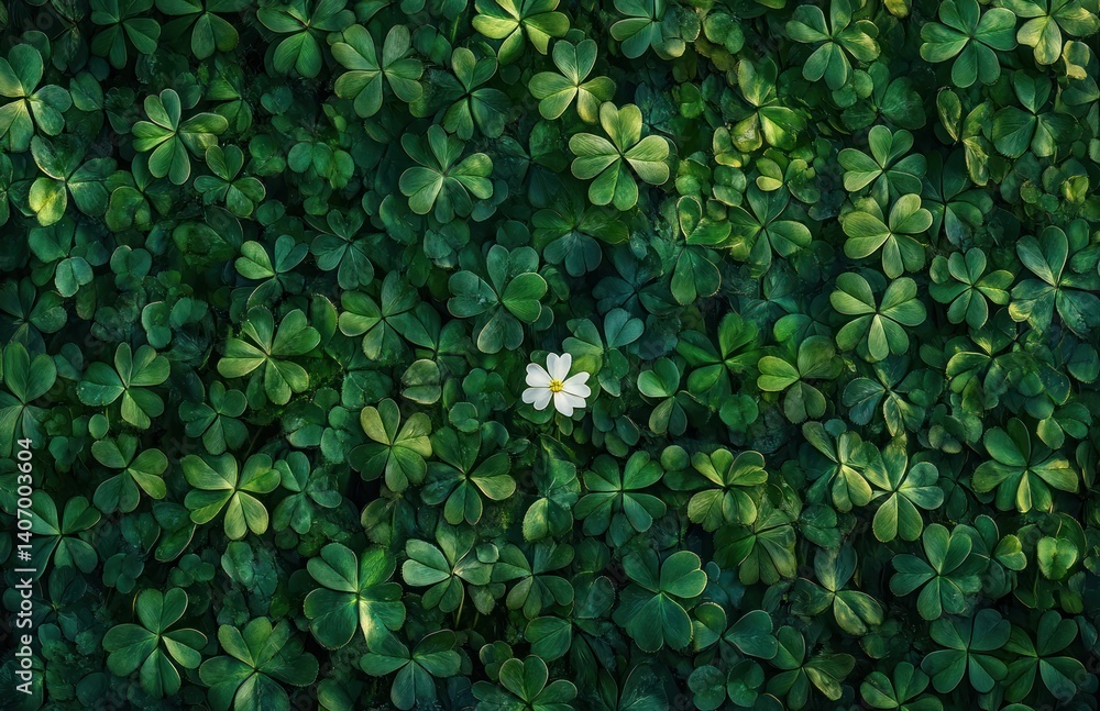 Close-up clover field, single white flower Close-up clover field, single white flower