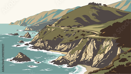 Graphic map of Big Sur with cliffs and ocean – California, USA
