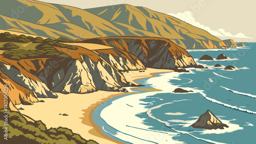 Beach scene with cliffs at Big Sur with waves crashing – California, USA
