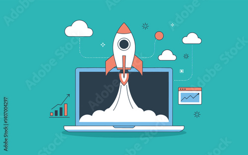 Digital Startup Rocket Launching from Laptop Symbolizing Online Innovation and Tech Growth