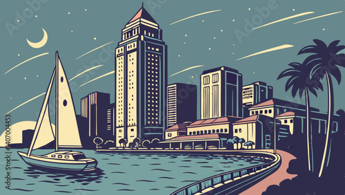 Night cityscape of San Diego skyline and harbor – California, USA
