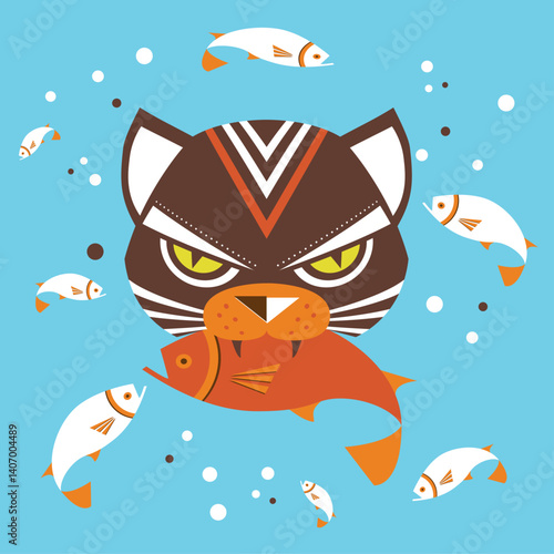 Cute cat biting fish. Cartoon illustration of cute cat stealing fish with innocent face. 