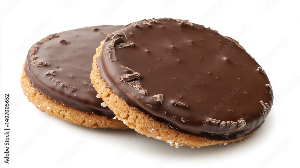 Fototapeta premium a pair of cookies with brown chocolate on top, on white background