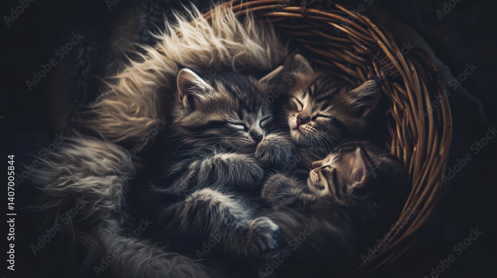 Cozy Kittens Nestled Together in a Warm Woven Basket Cozy Kittens Nestled Together in a Warm Woven Basket