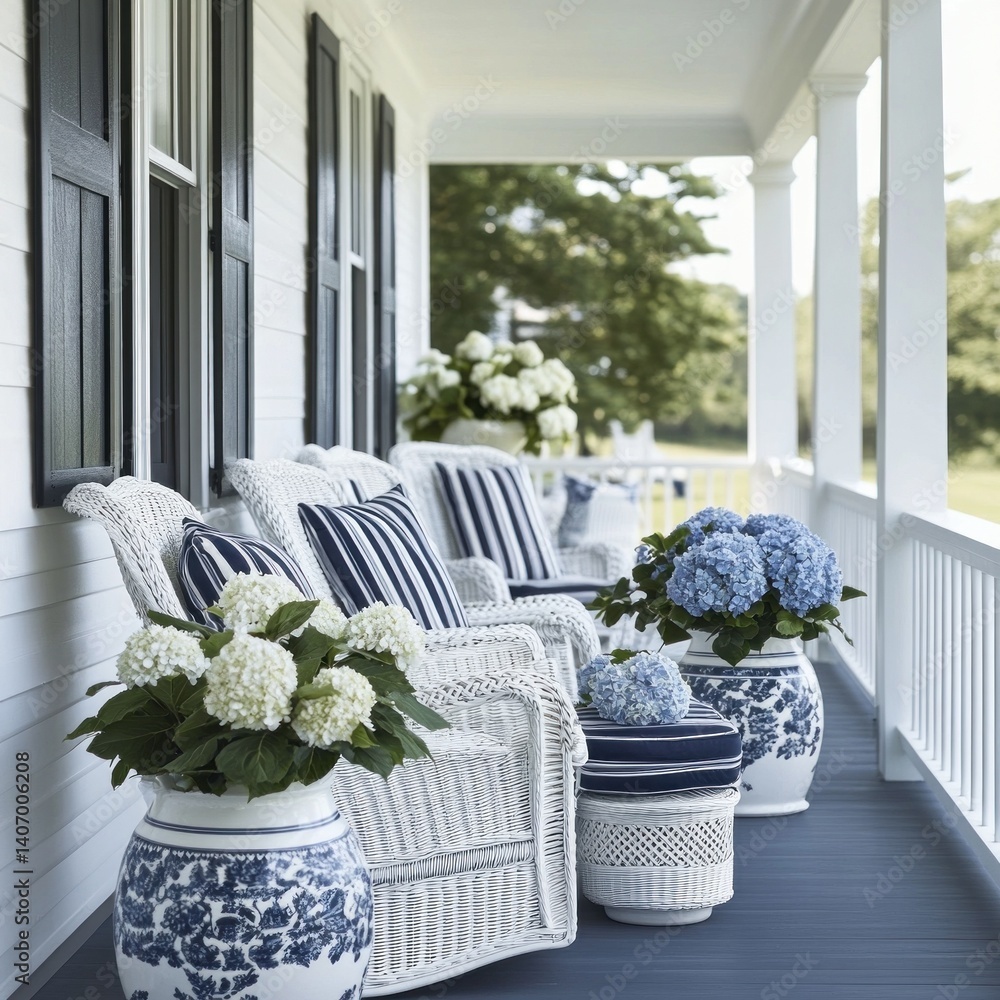 Obraz premium Coastal Hamptons porch with white wicker rocking chairs, navy striped cushions, and hydrangea blooms in weathered ceramic urns. 