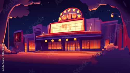 Retro Movie Theater with Marquee and Red Velvet Seats