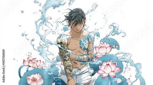 Tattooed anime man surrounded by water and lotus flowers.