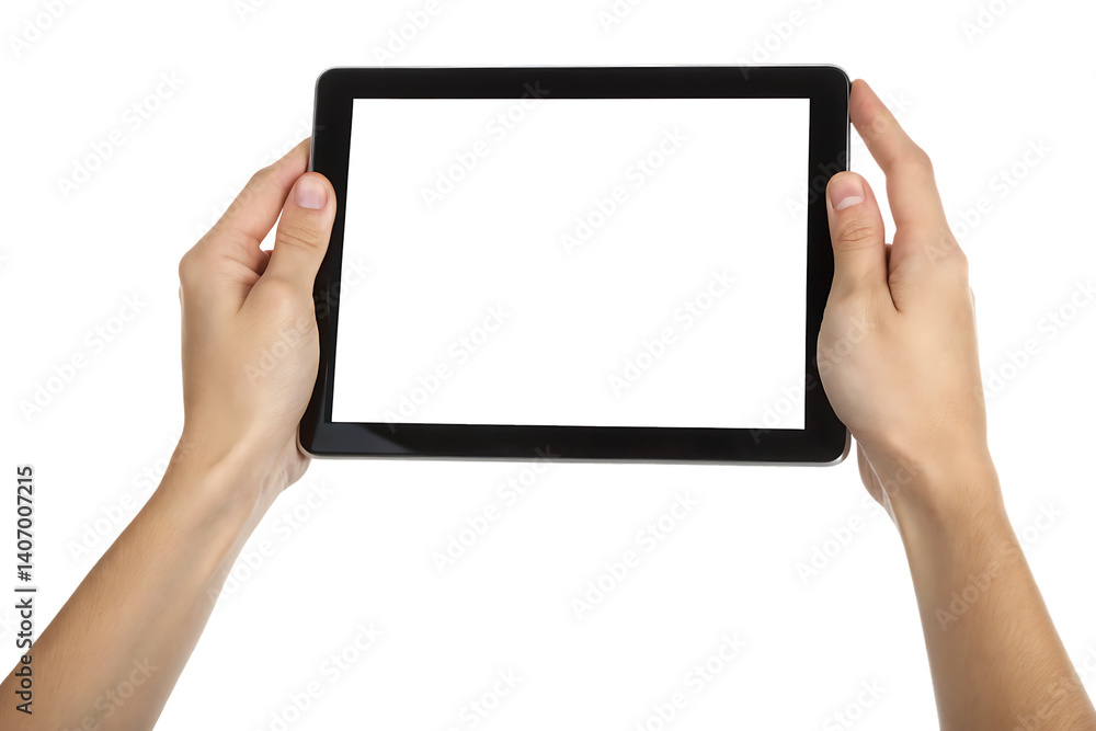 Hands holding black tablet with blank screen isolated on white background Hands holding black tablet with blank screen isolated on white background
