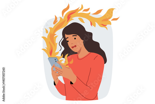 Burning phone in woman hands symbolizes wasting time on useless applications and communicating on social networks. Explosion mobile phone in girl using gadget for reading news and surfing internet
