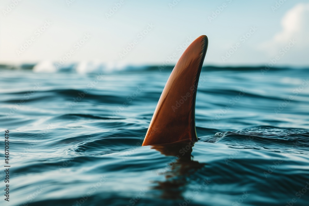 Fototapeta premium Solitary shark fin in ocean at sunrise