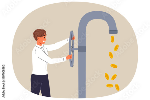 Obraz na płótnie Cash flow is in hands of investor opens tap with coins instead of water, obtained through right investments. Investor guy, made share in commercial company receives large dividends w salonie