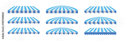 Blue and white striped awning set. Collection of different shop canopies. Storefront sunshade elements for market stalls, cafes, outdoor shops. Realistic vector illustrations.