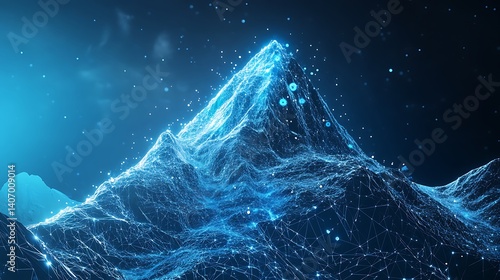 Futuristic mountain peak infused with glowing AI elements symbolizing success