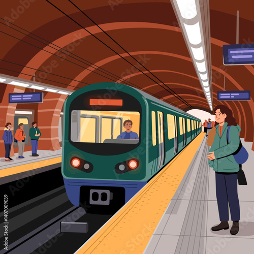 Subway Train Arriving at Underground Platform
