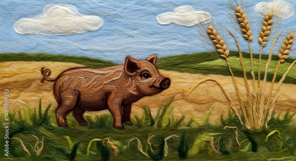 Fototapeta premium A curious piglet explores a wheat field on a sunny day, illustrated with warm colors.