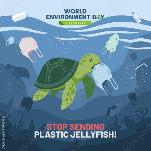 World Environment Day 2025 design of of sea turtle eating plastic bag.  Ocean pollution awareness concept. World environment day 2025 theme : Ending Plastic Pollution