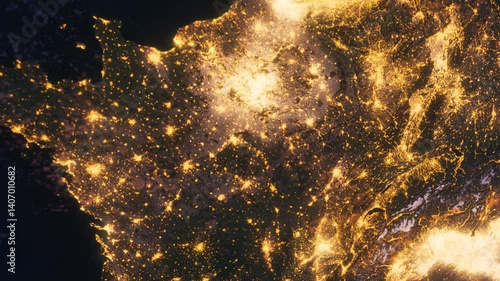 Planet Earth at Night. Europe and France. Paris Zoom Out. View from Space Orbit. Night Globe
