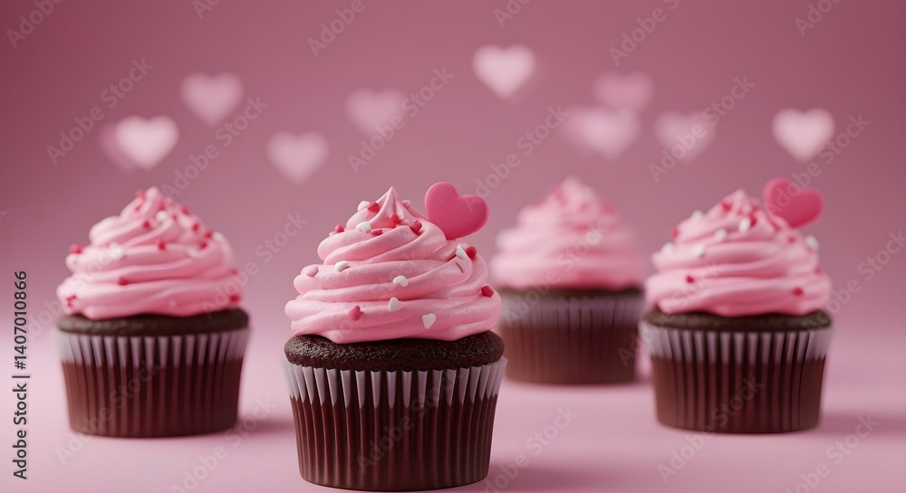 A delightful scene with four cupcakes, each topped with pink frosting and heart decorations, on display. A delightful scene with four cupcakes, each topped with pink frosting and heart decorations, on display.