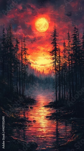 Sunset over water with trees dark sky and orange glow.