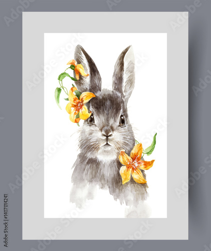 Gray fluffy hare with long ears and spring yellow flowers on wall art. Watercolor print. Artwork with big wild hare or domestic rabbit with serious look, in frame with decor for poster