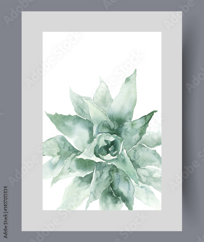 Homemade aloe plant with beneficial properties that help heal wounds on wall art. Watercolor artwork. Print with top view of green aloe from succulent family, in frame with decor for poster