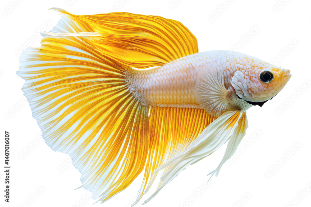 Fototapeta premium Golden betta fish swimming gracefully on white background 