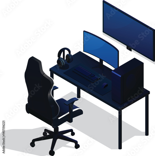 Isometric gaming desk setup with mounted monitor, headphone and gaming chair