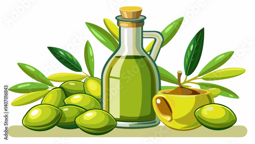 Aceite de oliva y aceitunas verdes aislados sobre fondo blanco