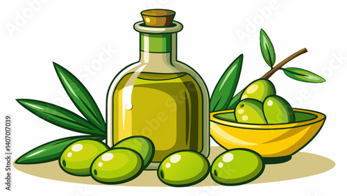 Aceite de oliva y aceitunas verdes aislados sobre fondo blanco