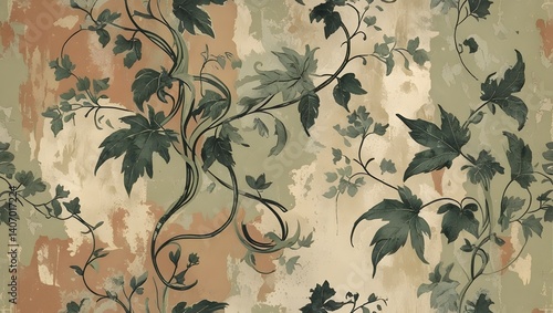 Artistic floral wallpaper showcasing beige flowers and green leaves on textured design