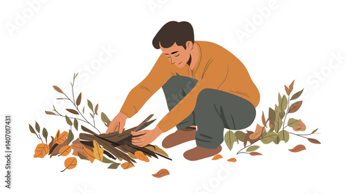 A digital illustration depicts a man crouched down, arranging pieces of wood and branches amongst fallen autumn leaves. He is wearing an orange long-sleeved shirt and dark grey pants. 