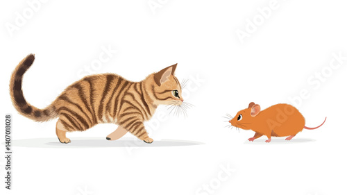A digital illustration depicting a tabby cat and an orange mouse facing each other against a plain white background. The cat is positioned slightly to the left, exhibiting a hunting stance. 