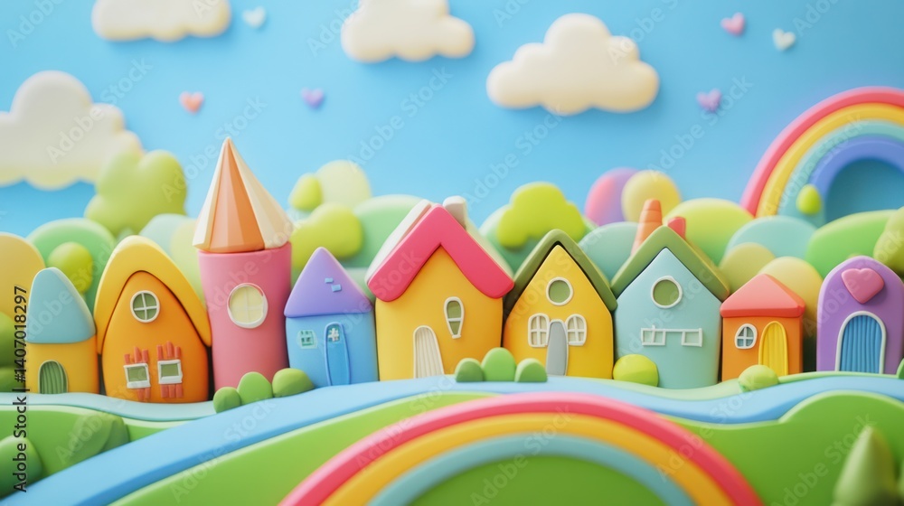 Colorful cartoon town with rainbow, pastel houses, and clouds. Children's illustration Colorful cartoon town with rainbow, pastel houses, and clouds. Children's illustration