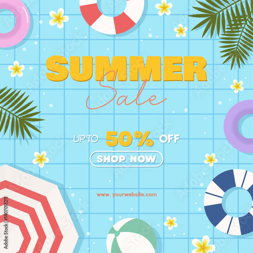 Summer sale offer discount with swimming pool items for social media and shopping event promotions. Top view of vector illustration summer sale with swimming pool theme.