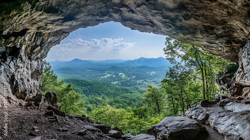 Deep mountain cave with a clear view of the horizon and faraway mountains