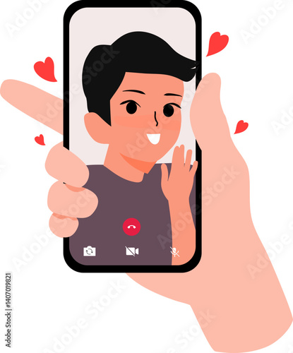 Video call with loved one. Female hand holding cellphone with boyfriend screen. Finger touch screen