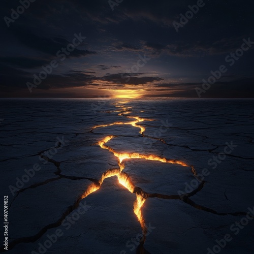 Earthquake with a dramatic landscape featuring cracked earth illuminated by a fiery glow under a twilight sky.